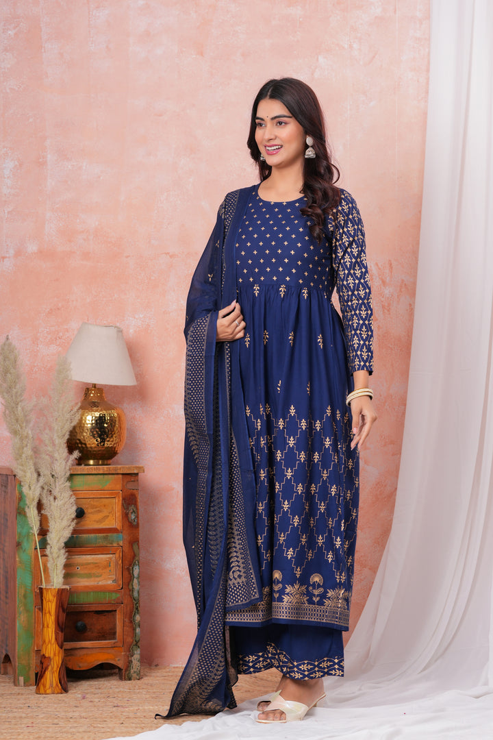 Blue Gold Printed Rayon Gathered Kurta and Palazzo with Dupatta Set