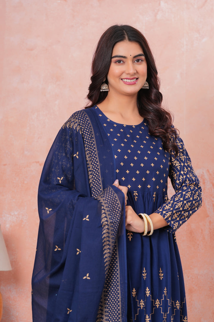 Blue Gold Printed Rayon Gathered Kurta and Palazzo with Dupatta Set