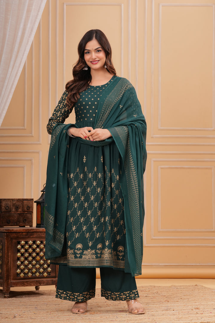 Green Gold Printed Rayon Geathered Kurta and Palazzo with Dupatta Set