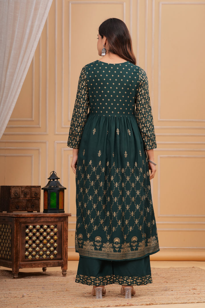 Green Gold Printed Rayon Geathered Kurta and Palazzo with Dupatta Set