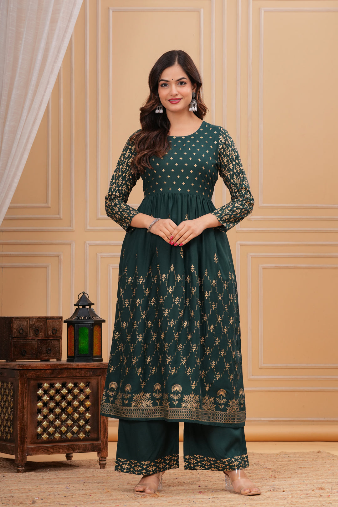 Green Gold Printed Rayon Geathered Kurta and Palazzo with Dupatta Set