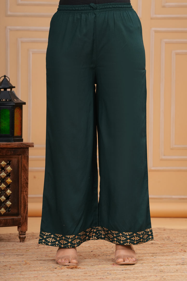 Green Gold Printed Rayon Geathered Kurta and Palazzo with Dupatta Set