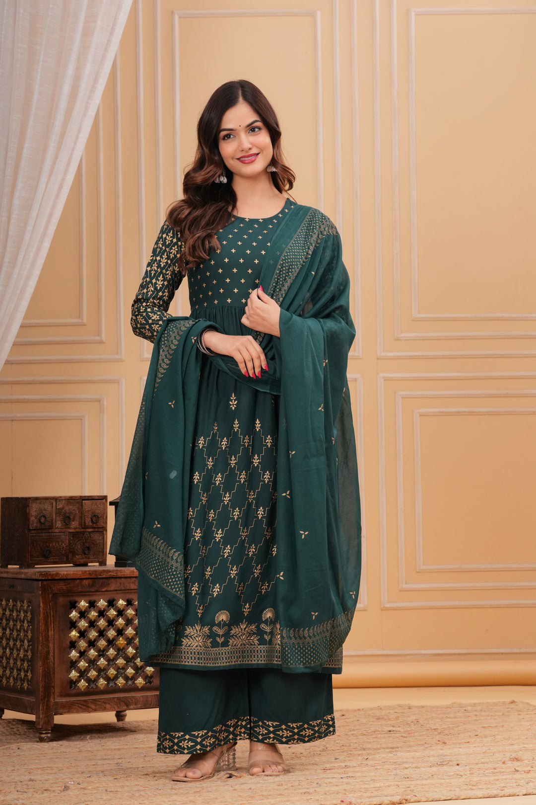 Green Gold Printed Rayon Geathered Kurta and Palazzo with Dupatta Set