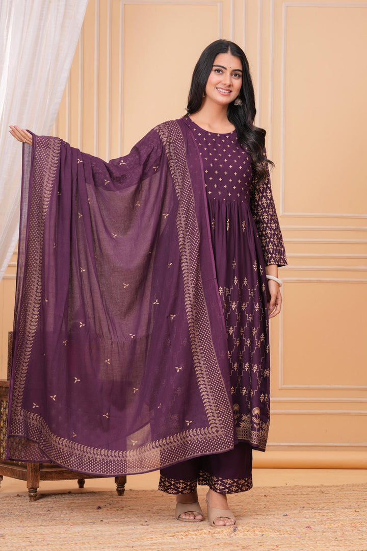 Purple Gold Printed Rayon Geathered Kurta and Palazzo with Dupatta Set