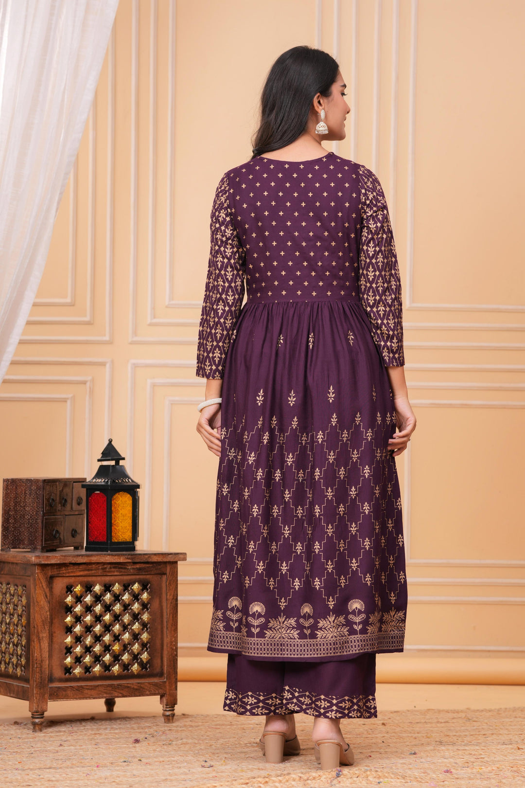 Purple Gold Printed Rayon Geathered Kurta and Palazzo with Dupatta Set