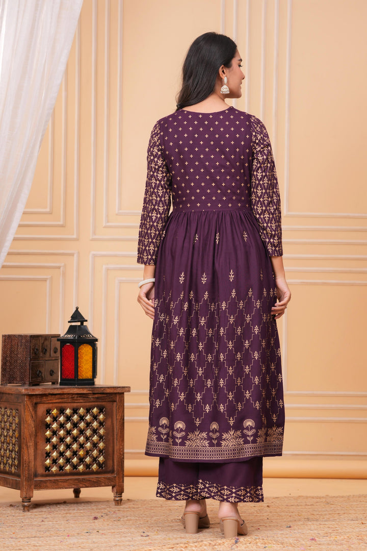 Purple Gold Printed Rayon Geathered Kurta and Palazzo with Dupatta Set