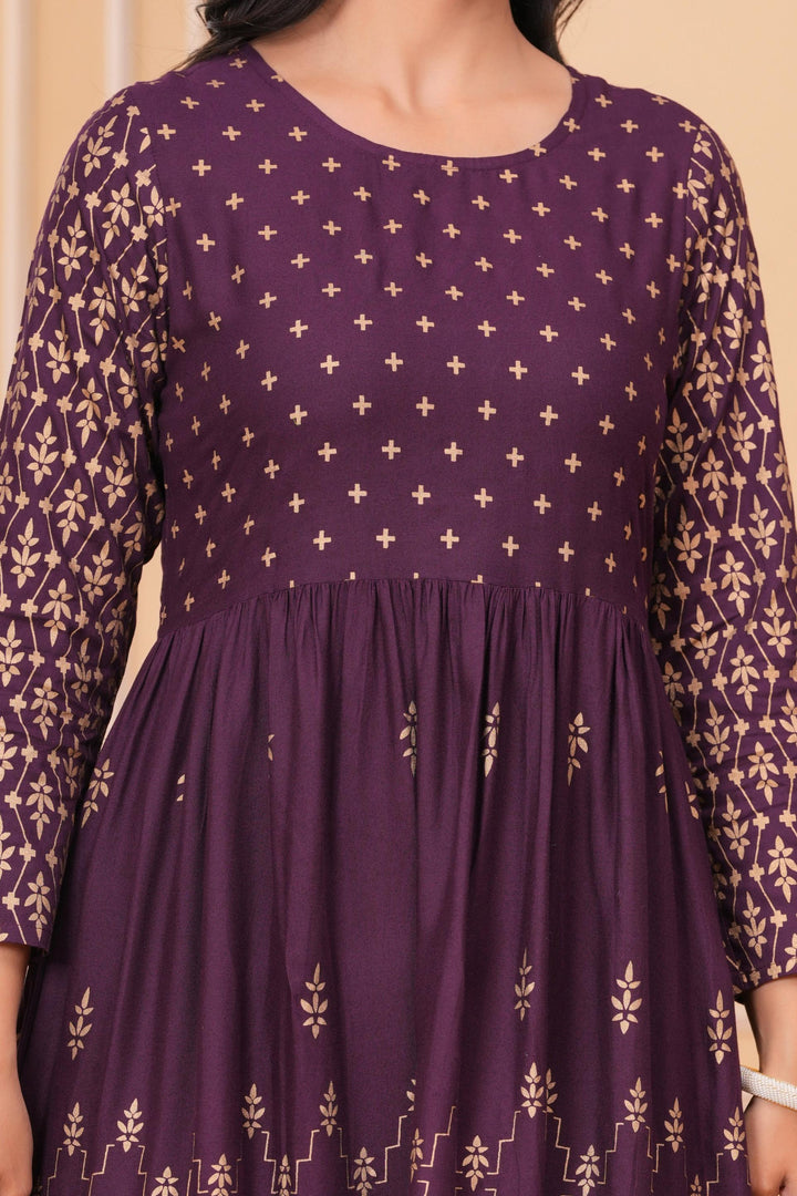 Purple Gold Printed Rayon Geathered Kurta and Palazzo with Dupatta Set