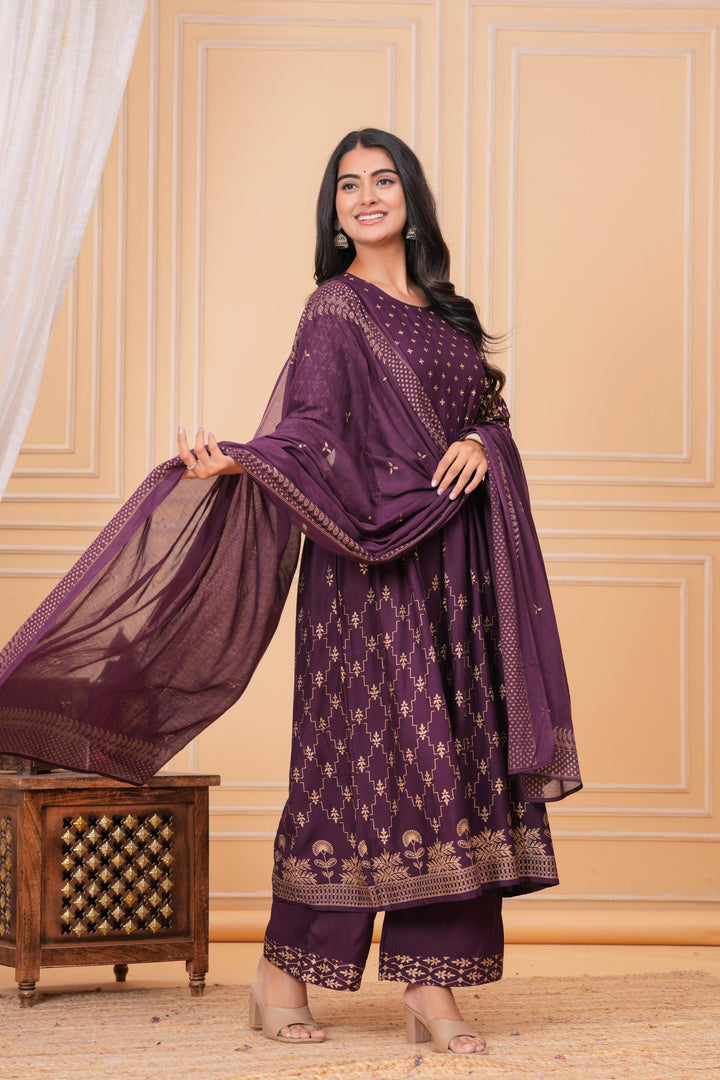 Purple Gold Printed Rayon Geathered Kurta and Palazzo with Dupatta Set