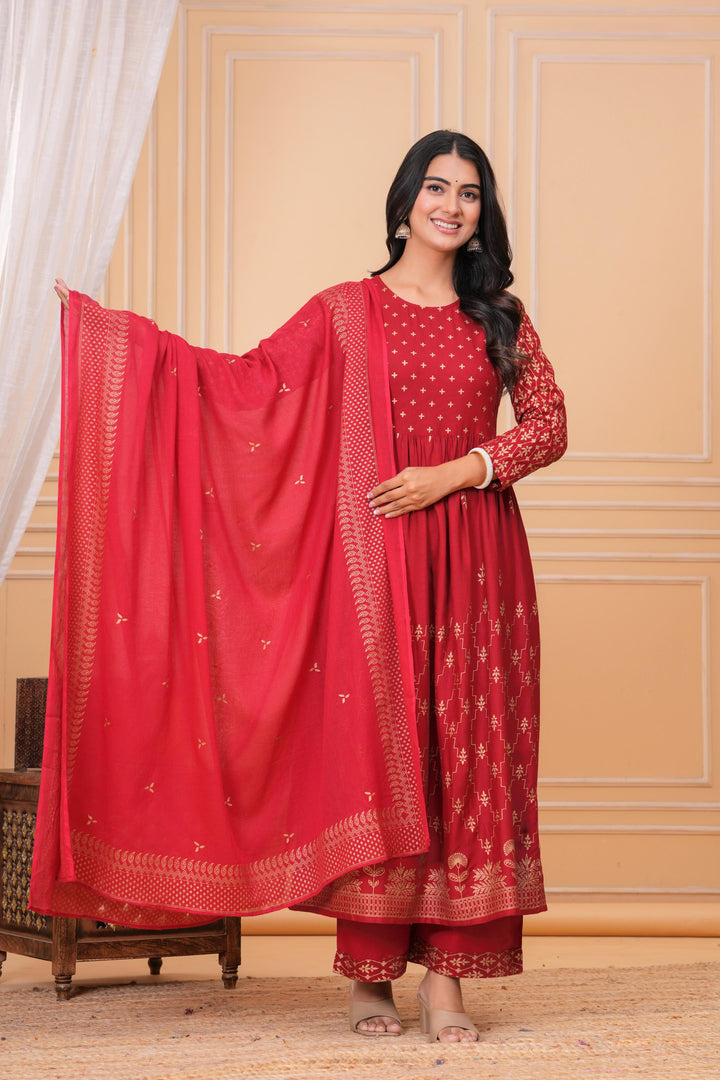 Red Gold Printed Rayon Geathered Kurta and Palazzo with Dupatta Set