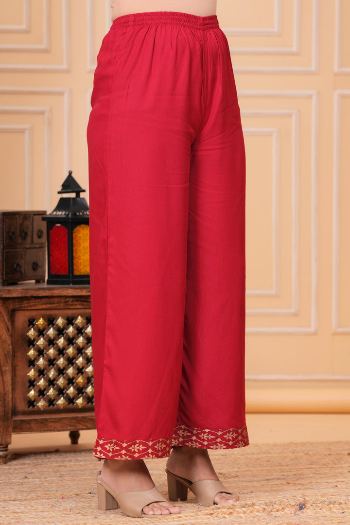 Red Gold Printed Rayon Geathered Kurta and Palazzo with Dupatta Set