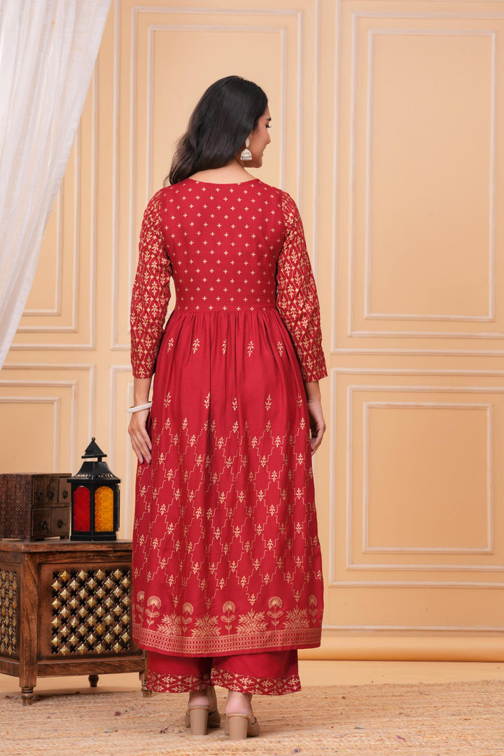 Red Gold Printed Rayon Geathered Kurta and Palazzo with Dupatta Set
