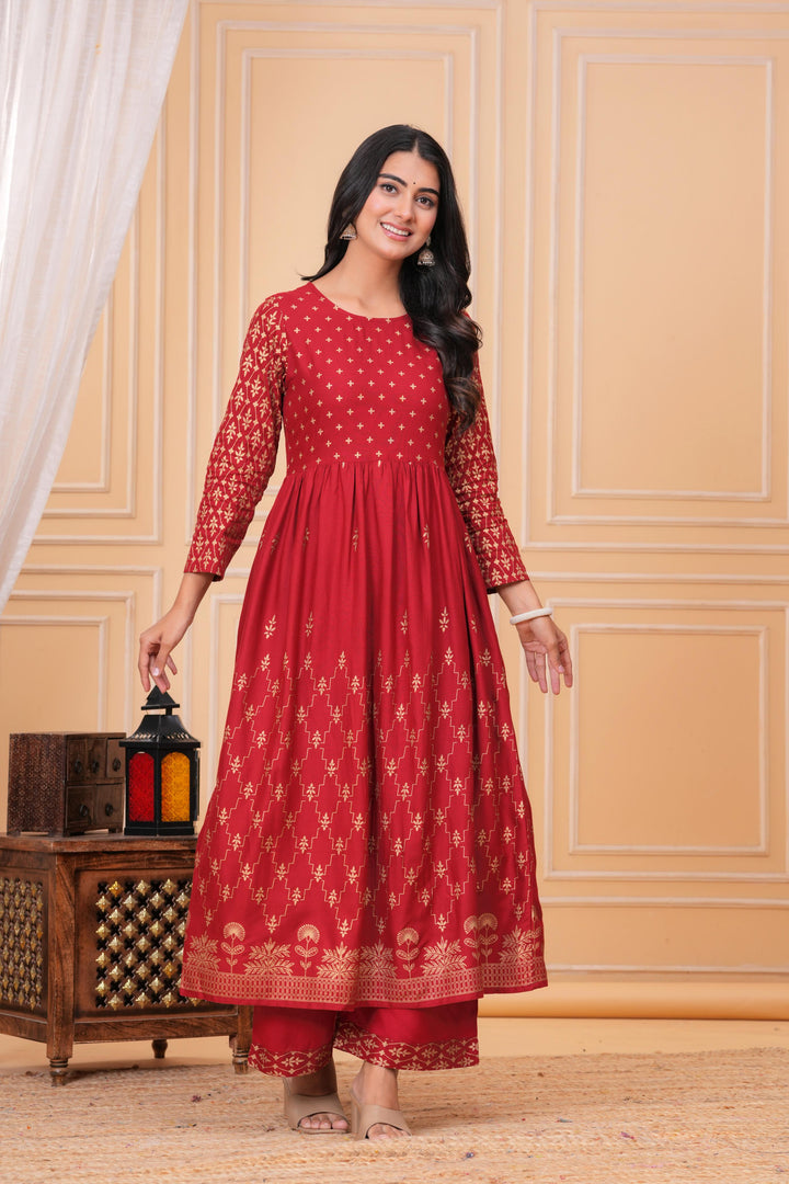 Red Gold Printed Rayon Geathered Kurta and Palazzo with Dupatta Set