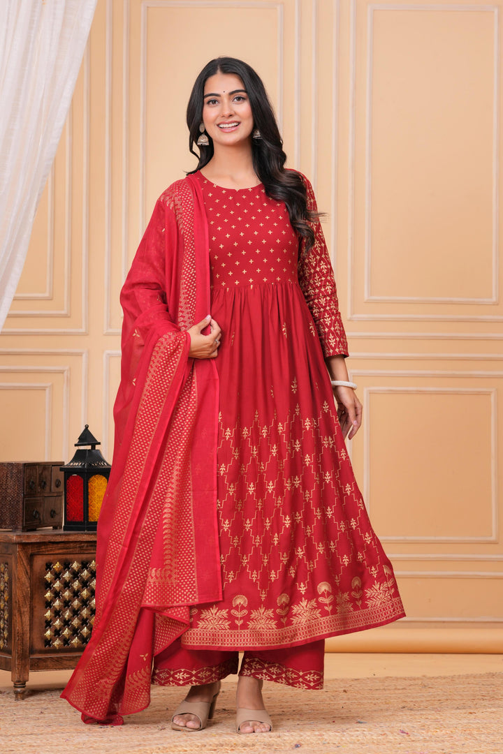 Red Gold Printed Rayon Geathered Kurta and Palazzo with Dupatta Set