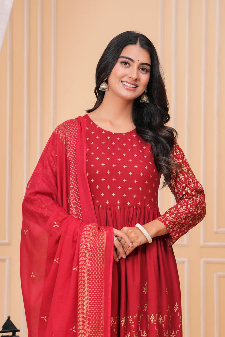 Red Gold Printed Rayon Geathered Kurta and Palazzo with Dupatta Set