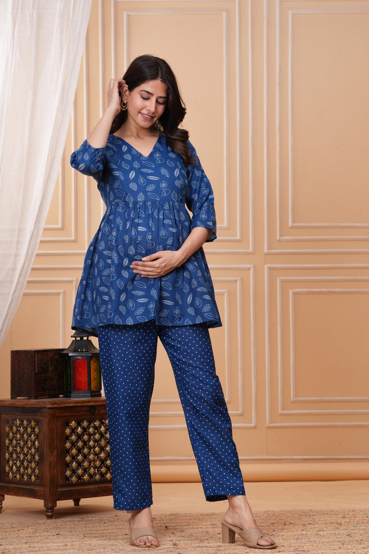 Royalblue Floral Printed Maternity Kurta and Pant cord set