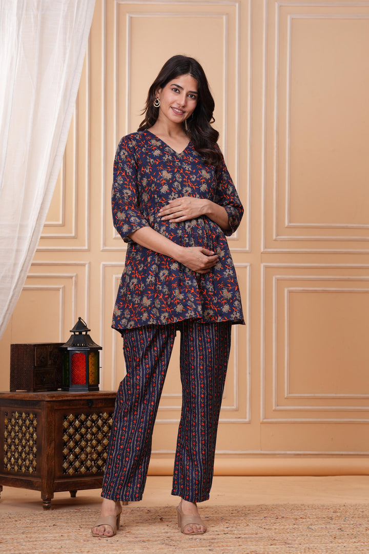 Blueorange Floral Printed Maternity Kurta and Pant cord set