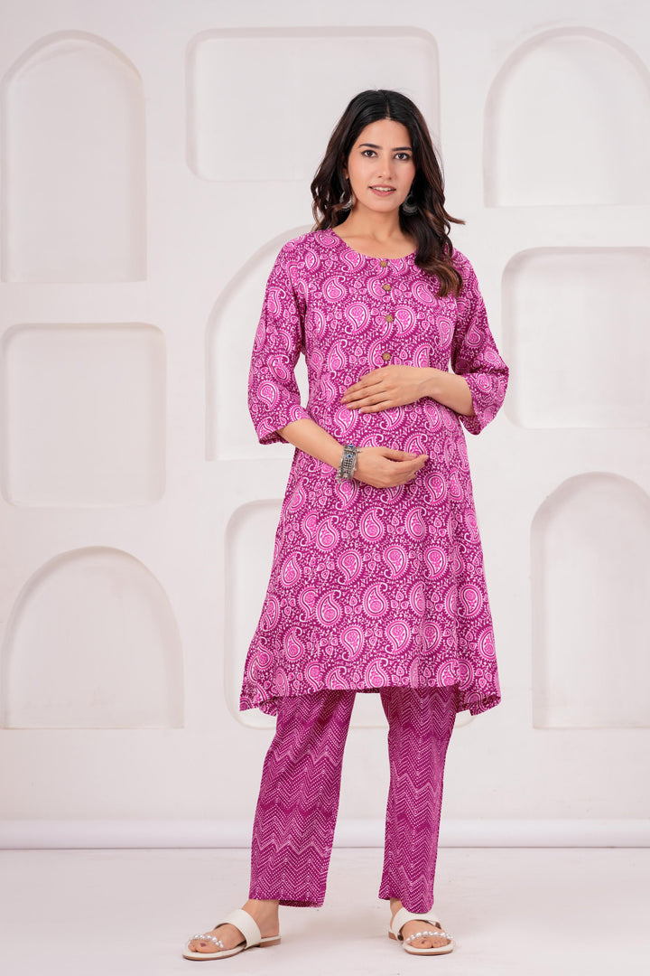 Pink Paisely Printed Maternity Kurta and Pant set