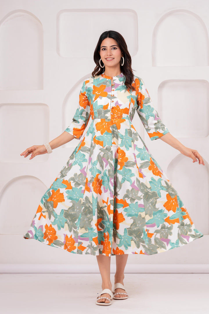 Green Floral Foil Printed Maternity Anarkali Dress