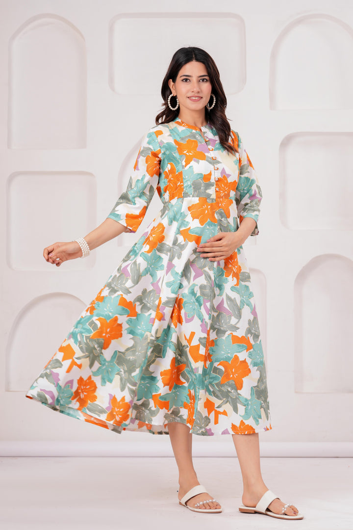 Green Floral Foil Printed Maternity Anarkali Dress