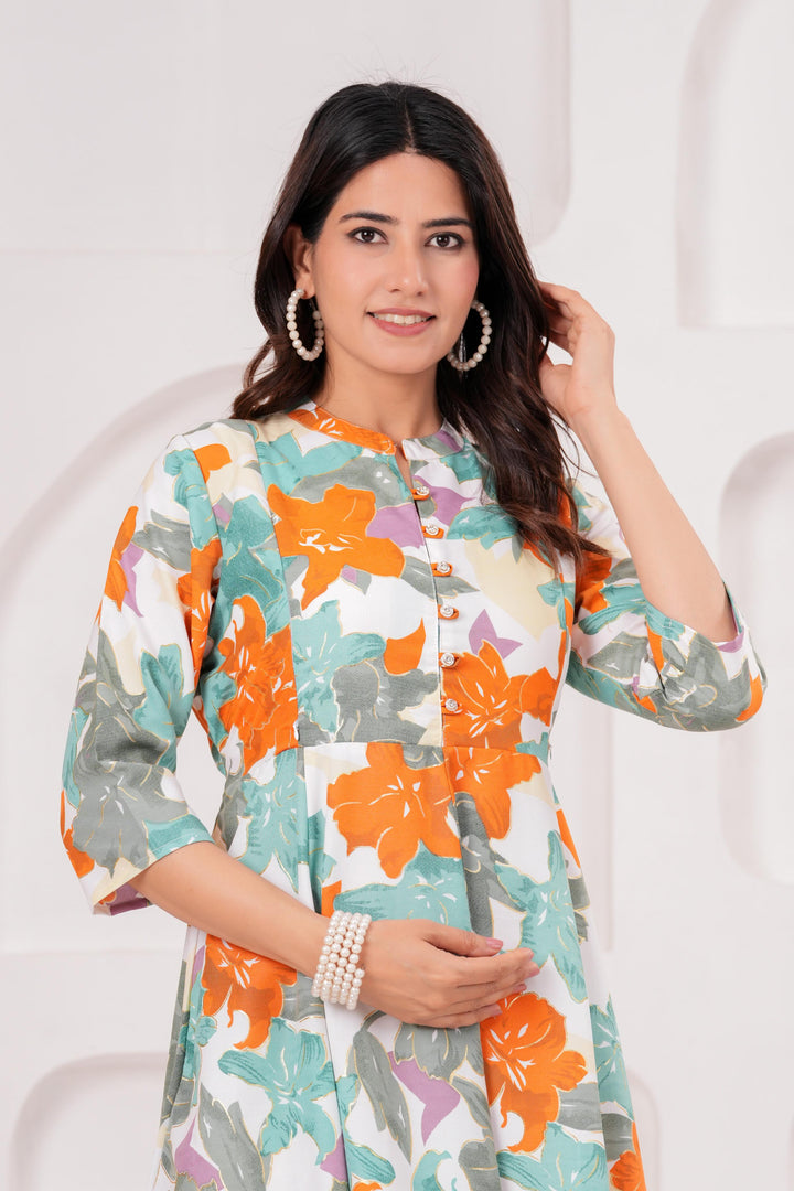 Green Floral Foil Printed Maternity Anarkali Dress