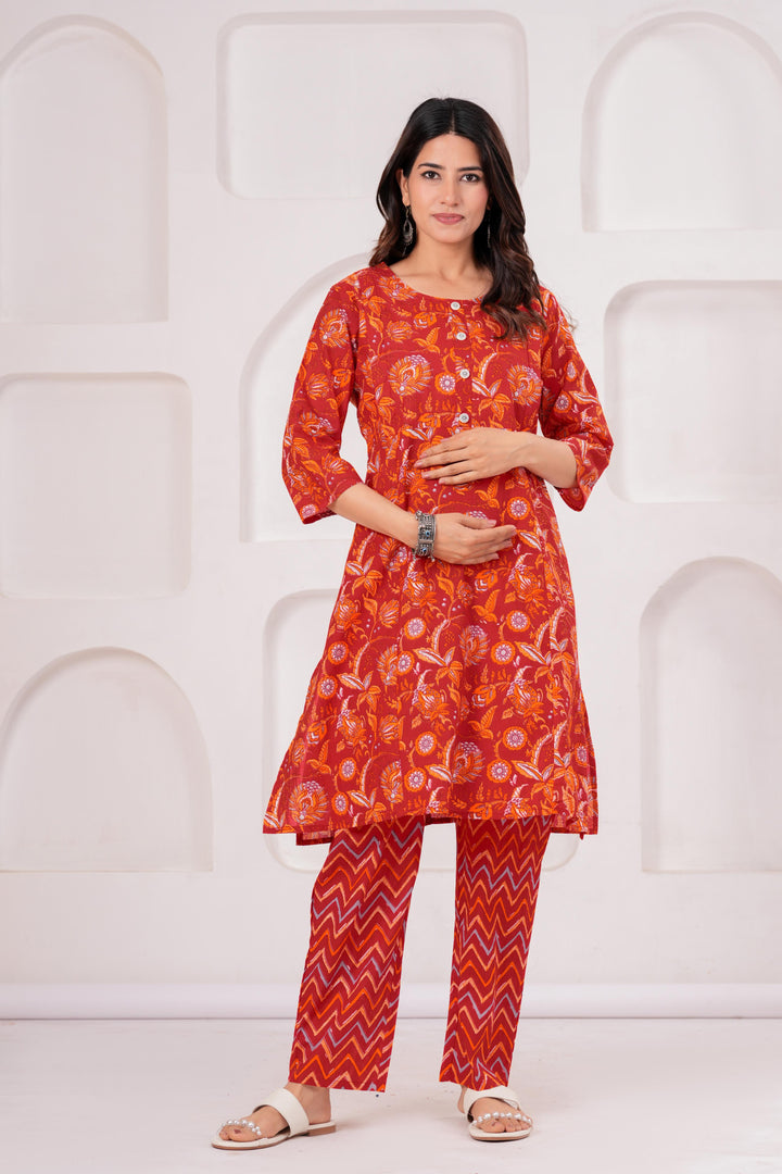 Red FloralPrinted Maternity Kurta and Pant set