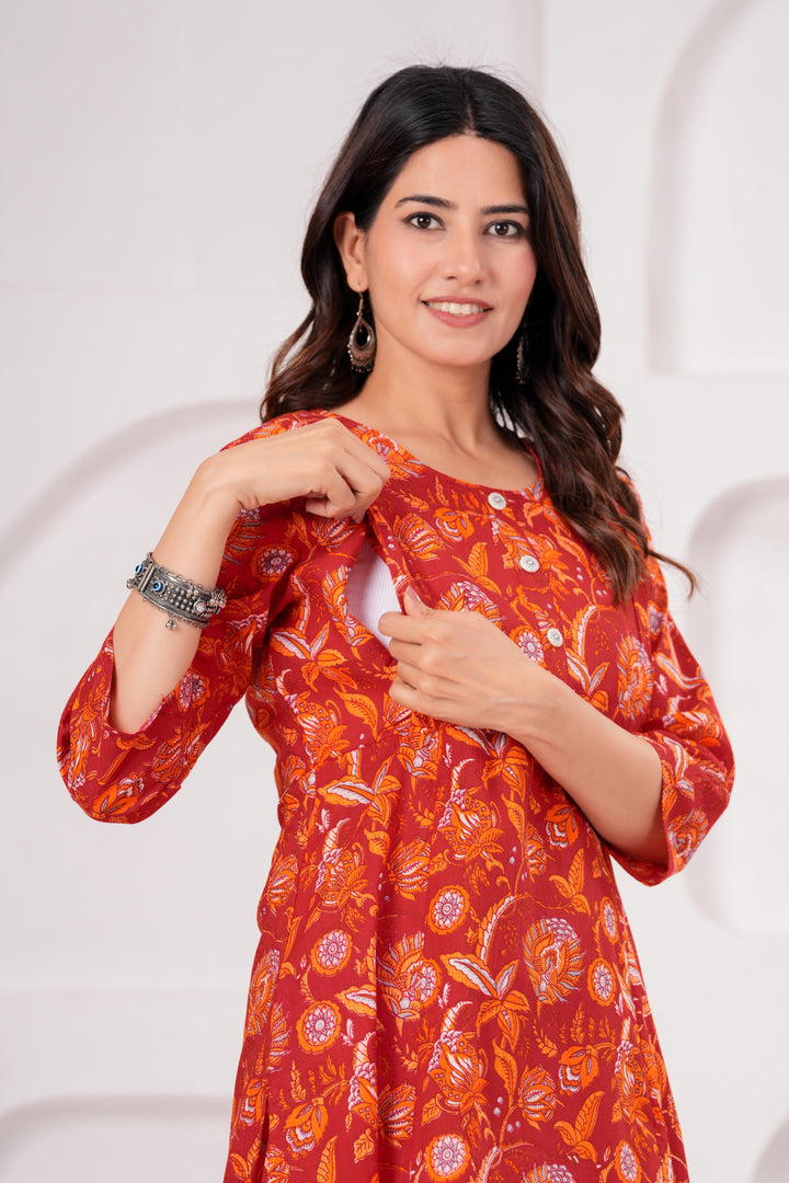 Red FloralPrinted Maternity Kurta and Pant set