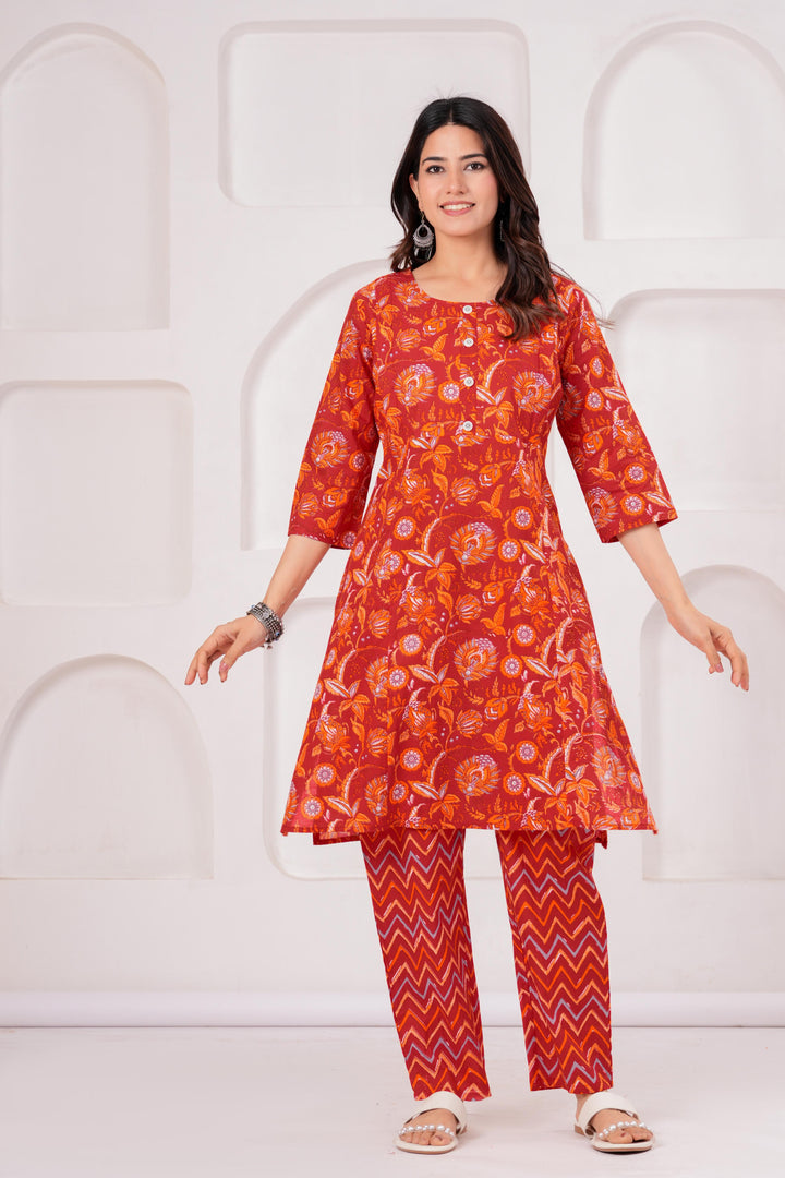 Red FloralPrinted Maternity Kurta and Pant set