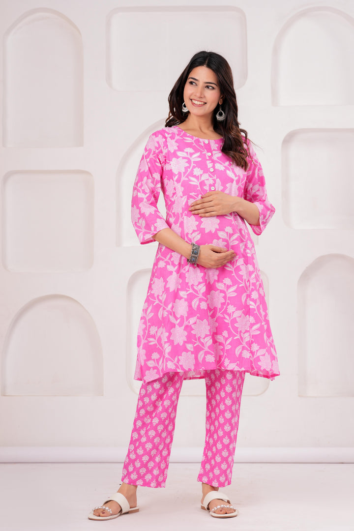 Pink FloralPrinted Maternity Kurta and Pant set