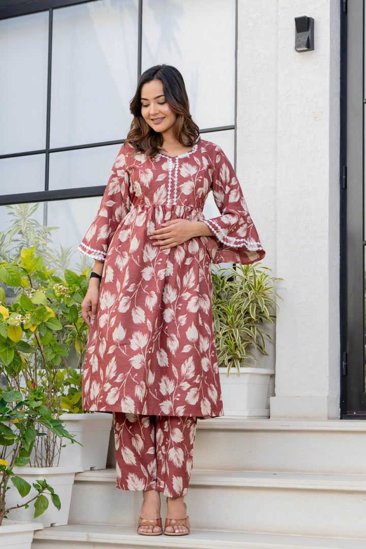Rust Floral Maternity Kurta and Pant set