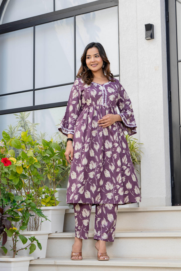 Wine Floral Maternity Kurta and Pant set