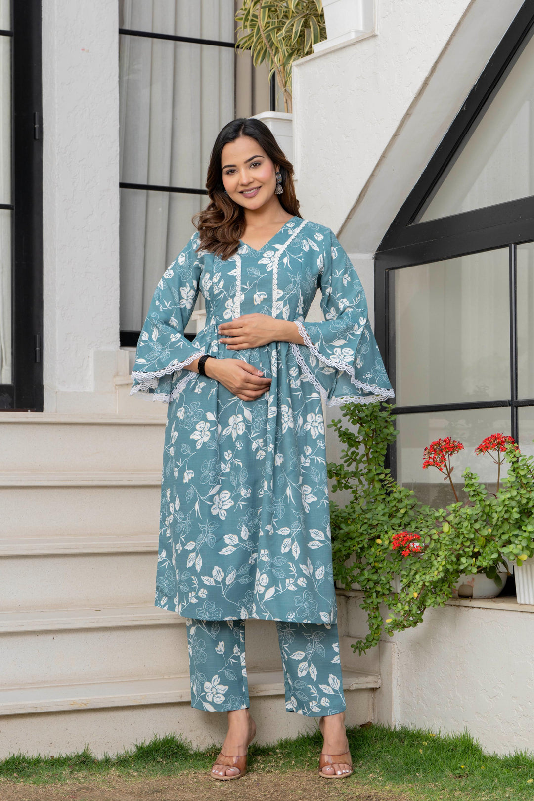 Teal Floral Maternity Kurta and Pant set