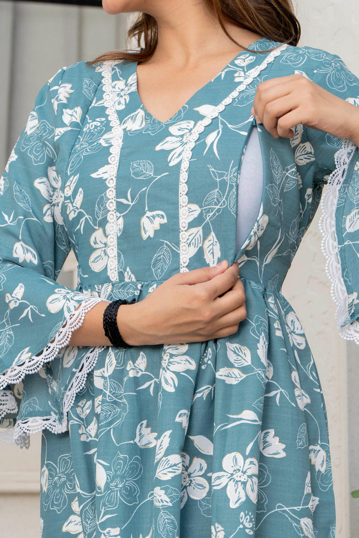Teal Floral Maternity Kurta and Pant set