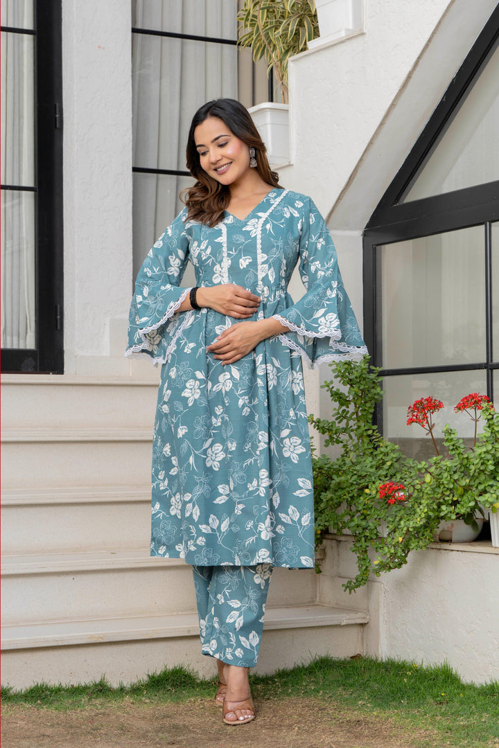 Teal Floral Maternity Kurta and Pant set