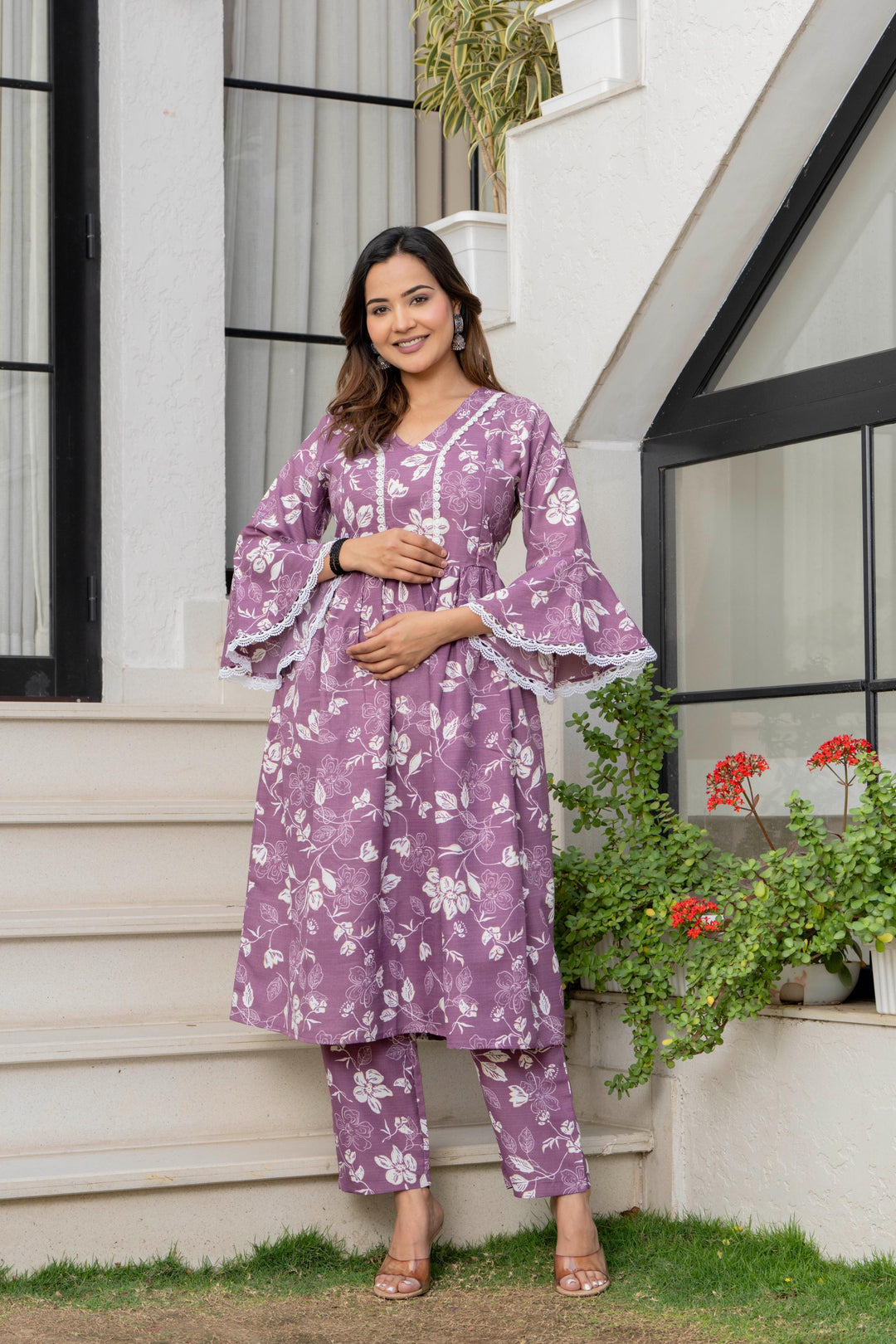 Wine Floral Maternity Kurta and Pant set