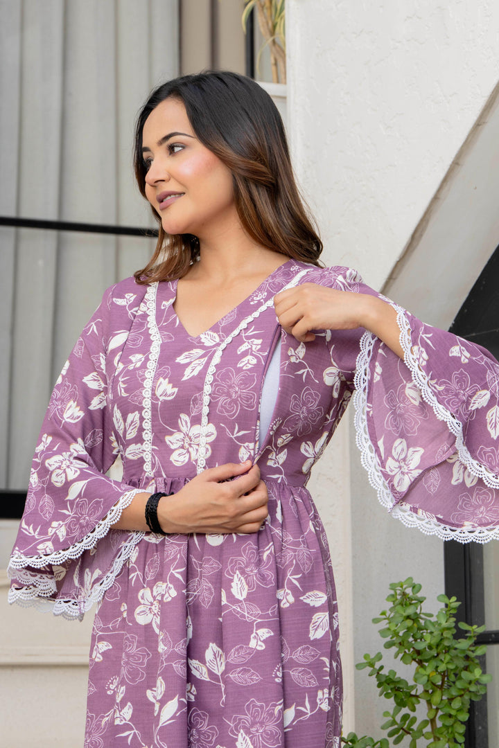 Wine Floral Maternity Kurta and Pant set