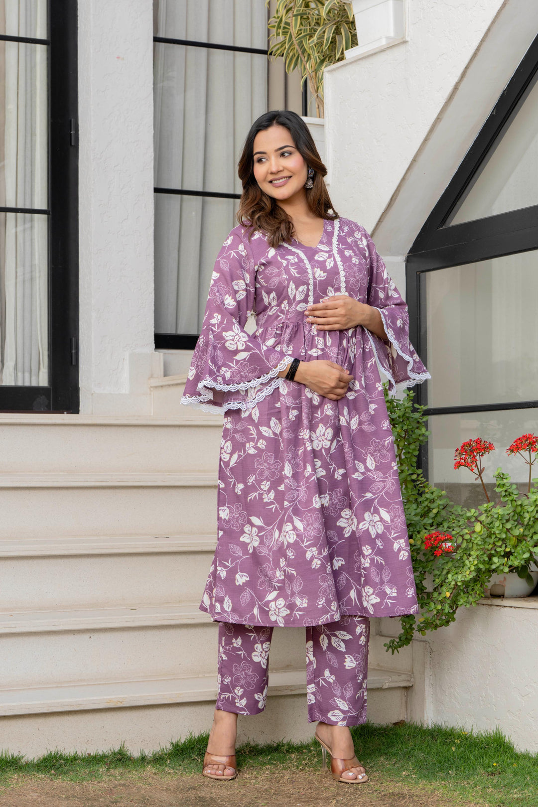 Wine Floral Maternity Kurta and Pant set