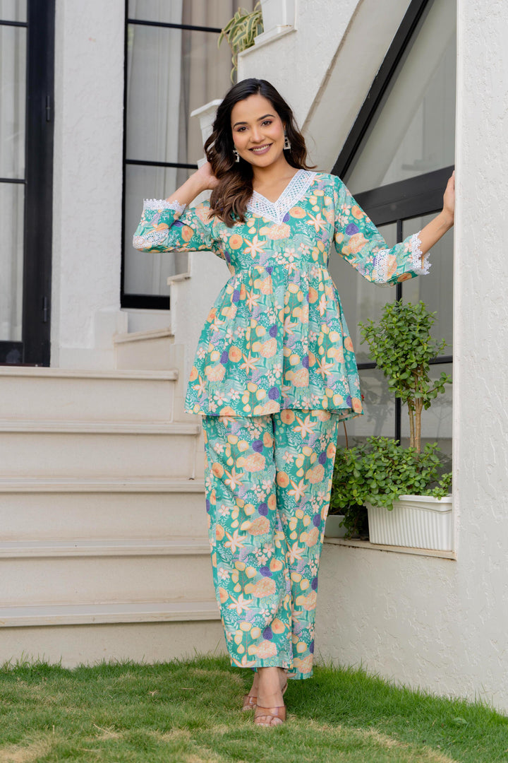 Women Green Floral Partywear Cord Set
