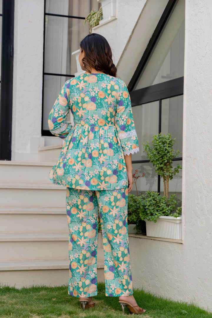 Women Green Floral Partywear Cord Set