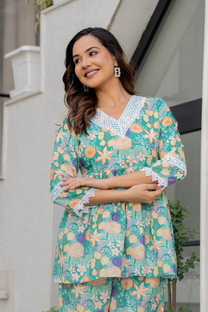 Women Green Floral Partywear Cord Set