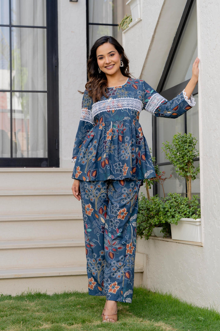 Women Blue Floral Partywear Cord Set