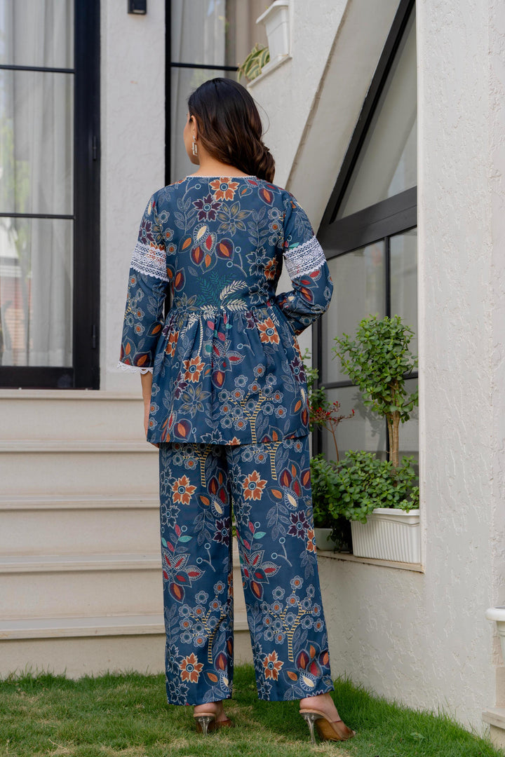 Women Blue Floral Partywear Cord Set