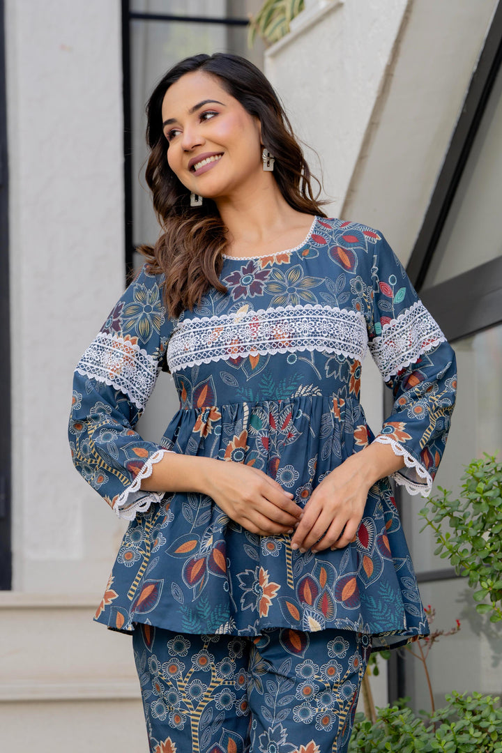 Women Blue Floral Partywear Cord Set