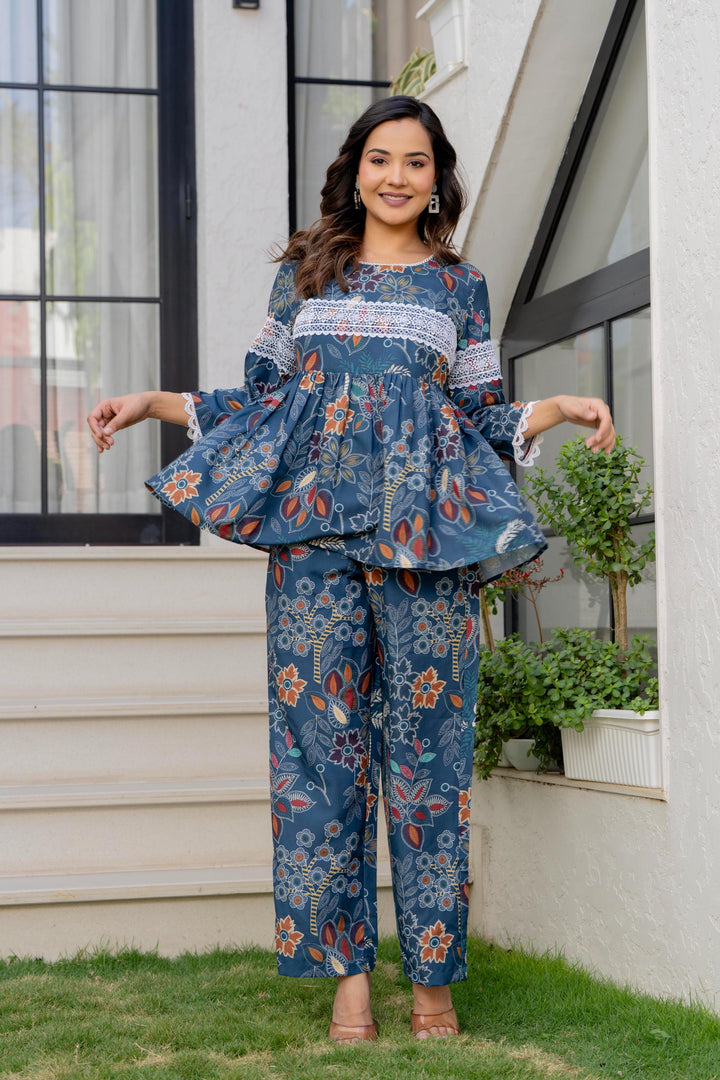 Women Blue Floral Partywear Cord Set