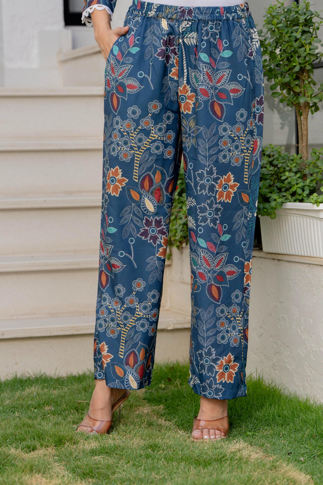 Women Blue Floral Partywear Cord Set