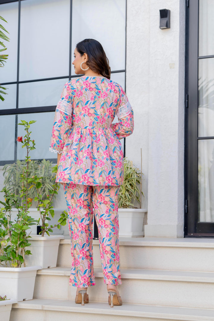 Women Pink Floral Partywear Cord Set