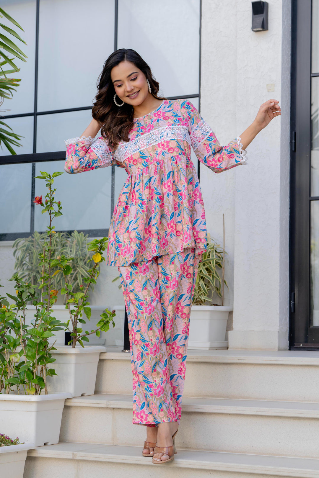 Women Pink Floral Partywear Cord Set