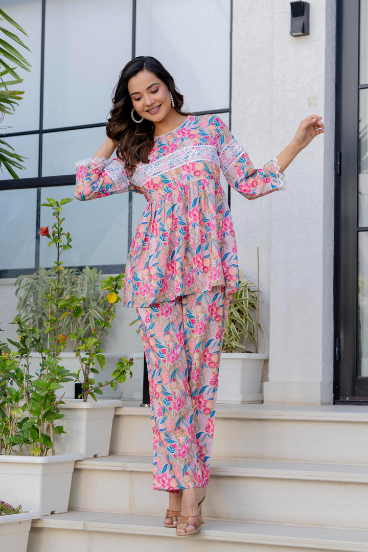 Women Pink Floral Partywear Cord Set