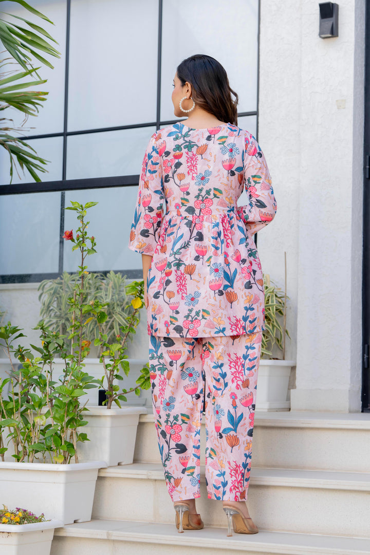 peach Floral Printed Maternity Kurta and Pant cord set