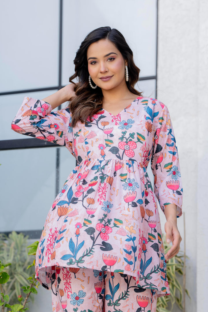 peach Floral Printed Maternity Kurta and Pant cord set