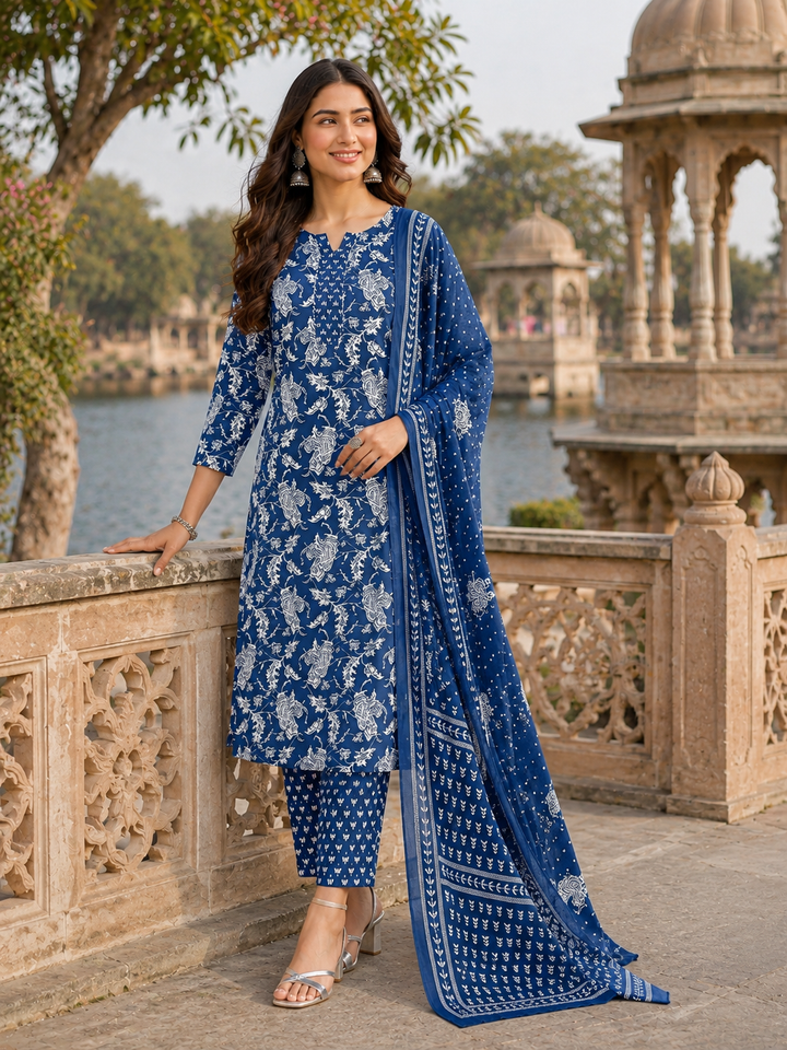 Blue Printed Kurta Pant and Dupatta Set